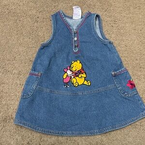 Vintage Winnie the Pooh Denim Dress with Pink and Yellow Embroidery